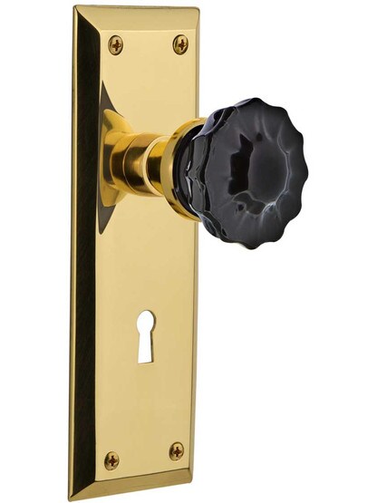 New York Mortise Lock Set with Colored Fluted Crystal Glass Knobs Black in Un-Lacquered Brass.